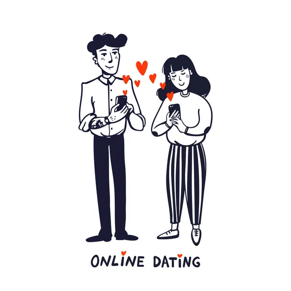Concepção de namoro online. Jovem homem e mulher em busca de amor com um aplicativo de telefone móvel. Doodle estilo vetor ilustração no fundo branco . —  Vetores de Stock