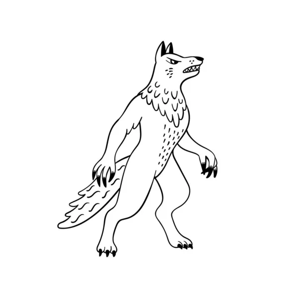 Criaturas mágicas. Animal mitológico - lobisomem. Doodle estilo ilustração vetorial preto e branco isolado no fundo branco. Desenho de tatuagem ou página para colorir, Line Art . — Vetor de Stock