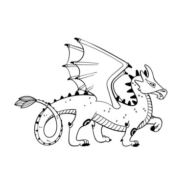 Sihirli yaratıklar. Mitolojik hayvan, ejderha. Doodle tarzı siyah-beyaz vektör çizimi beyaz arkaplanda izole edildi. Dövme tasarımı veya boyama sayfası, Satır Sanatı.