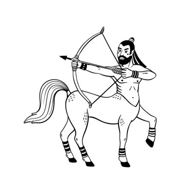 Sihirli yaratıklar. Mitolojik yaratık, Centaur. Doodle tarzı siyah-beyaz vektör çizimi beyaz arkaplanda izole edildi. Dövme tasarımı veya boyama sayfası, Satır Sanatı.