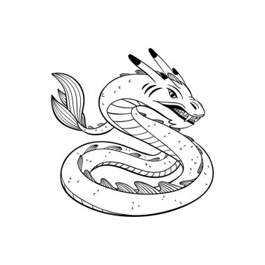 Sihirli yaratıklar. Mitolojik hayvan - basilisk. Doodle tarzı siyah-beyaz vektör çizimi beyaz arkaplanda izole edildi. Dövme tasarımı veya boyama sayfası, Satır Sanatı.