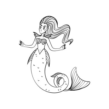 Magical creatures set. Mythological creature - mermaid. Doodle style black and white vector illustration isolated on white background. Tattoo design or coloring page, Line Art.