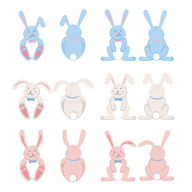 Paskalya tavşanları. Paskalya çizgi filmi tavşanı. Beyaz arka planda, önden ve arkadan. Düz biçim vektör illüstrasyonu