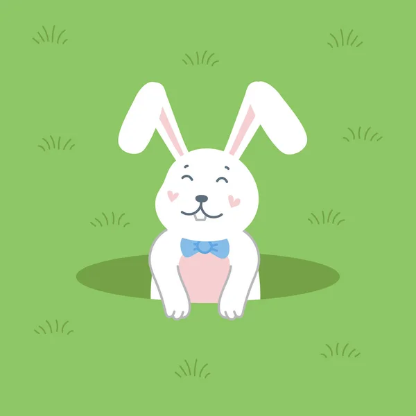 Um coelho branco bonito a sair de um buraco. Coelho de desenhos animados de Páscoa no fundo verde. Ilustração vetorial de estilo plano —  Vetores de Stock