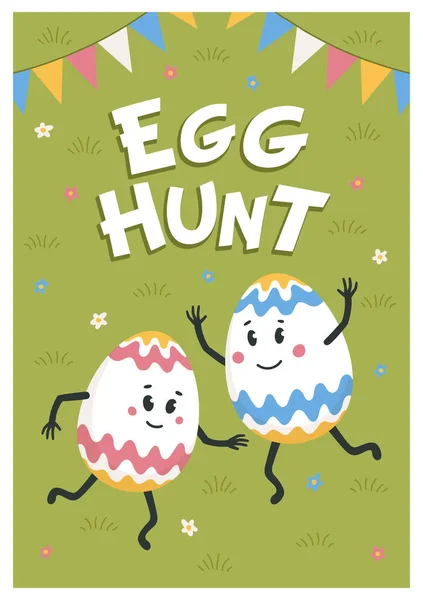 Plakat zur Eiersuche. Bunte Eier mit niedlichen Gesichtern tanzen auf einem grünen Rasen. Ostereierfreunde mit lustigen Gesichtern. Eiersuche. Flache Vektor-Illustration. — Stockvektor