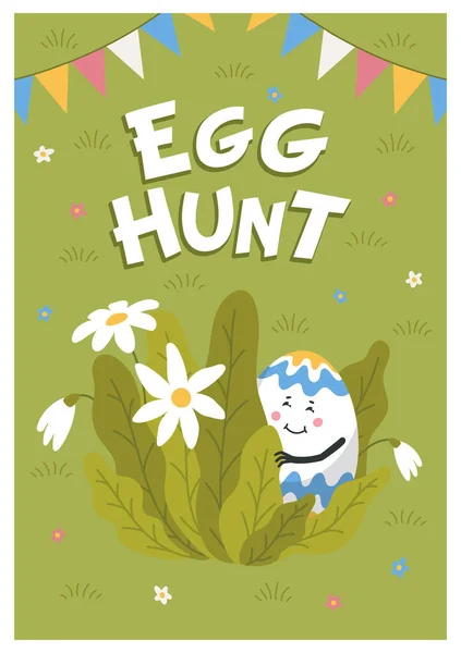 Frohe Ostern. Ein gefärbtes Ei mit niedlichem Gesicht versteckt sich auf einem grünen Rasen. Osterei mit lustigem Gesicht. Eiersuche. Flache Vektor-Illustration. — Stockvektor