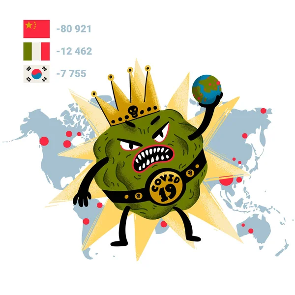 Coronavirus-konceptet. Ett läskigt virusmonster håller planeten i handen på en kartbakgrund. Infografik. Viruset sprids, pandemi. Vektor platt stil. — Stock vektor