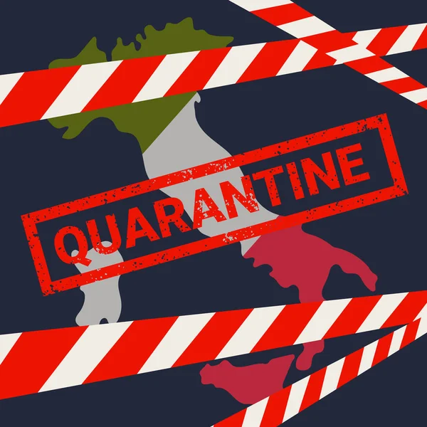 Coronavirus-Epidemie. Neuartiges Coronavirus covid-19 in Italien. Italien-Karte mit Quarantäne-Schild und Warnband. Ausbreitung des Virus, Pandemie. Vektorflache Illustration. — Stockvektor