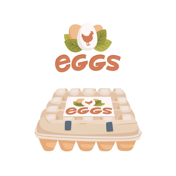 포장 안에 계란이 들어 있어. 계란판지 상자와 신선 한 농장 달걀 로고. 에코 제품. 플랫 스타일 벡터 일러스트. — 스톡 벡터