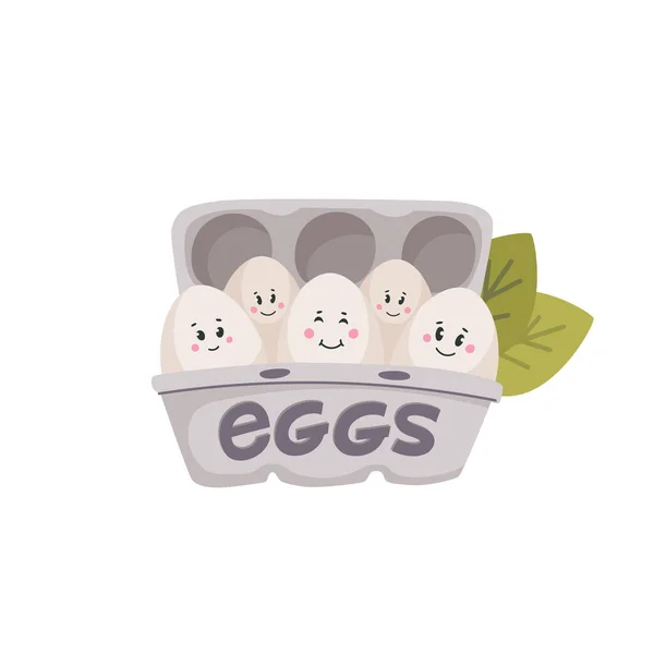 Jolis œufs. Œufs blancs avec des visages mignons dans une boîte en carton. Oeufs de poulet amis avec des visages drôles. Illustration vectorielle de style plat . — Image vectorielle