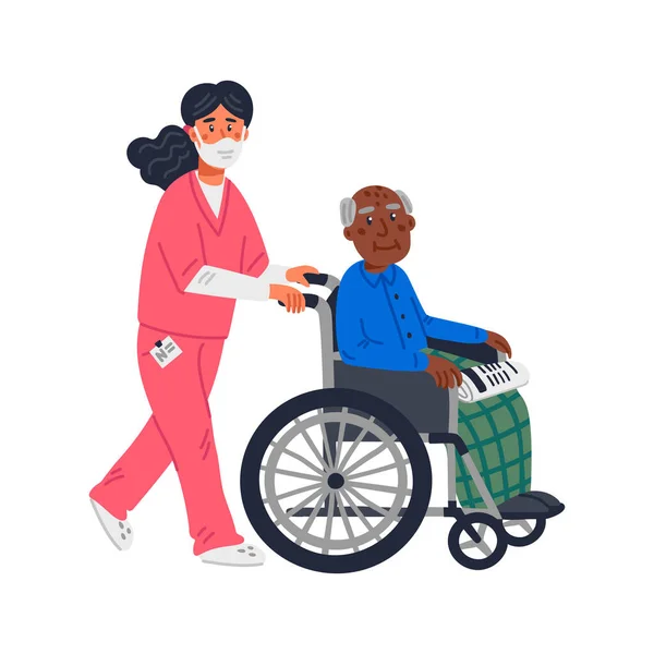 Старший пацієнт. Літній афроамериканський чоловік у інвалідному кріслі та медсестра в масці для обличчя на білому тлі. Захист людей похилого віку, збереження концепції безпеки. Проста плоска векторна ілюстрація . — стоковий вектор