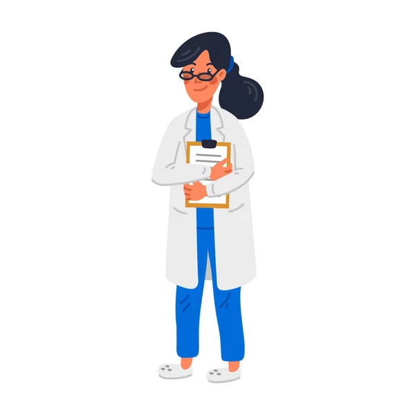 Γιατρός. Νεαρή γυναίκα γιατρός με μπλε ποδιά και λευκό φόρεμα. Ιατροδικαστική ομάδα. Μια γυναίκα γιατρός με ιατρικό ιστορικό. Απλή διανυσματική απεικόνιση επίπεδου στυλ. — Διανυσματικό Αρχείο