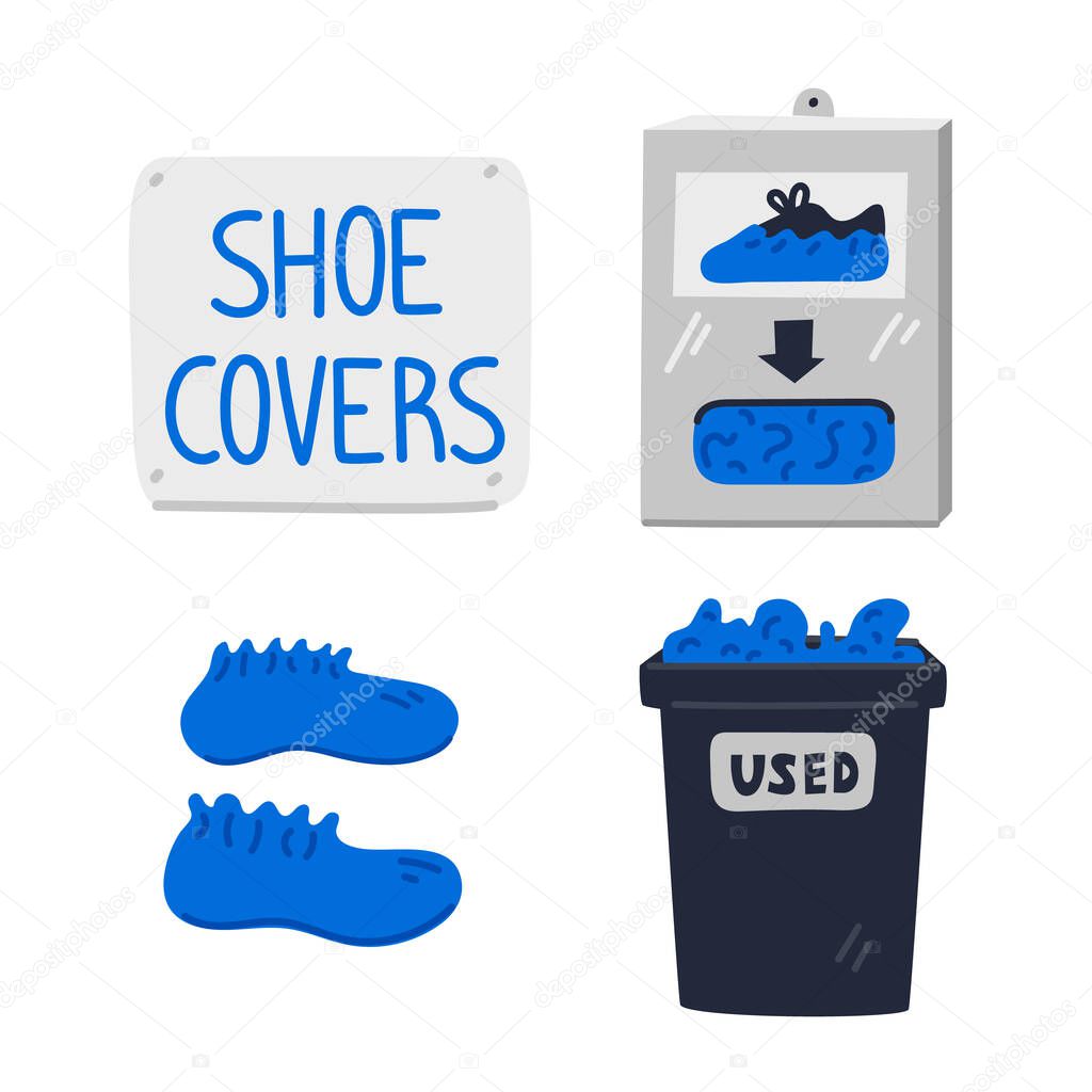 Shoe covers. Shoe covers station, wall sign, dispenser box and container for used. Hospital equipment. Simple flat style vector illustration.