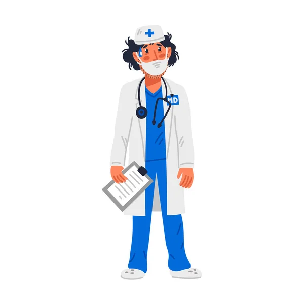 Dokter. Vermoeide arts in medisch gezichtsmasker met medische kaart. Medisch team in omstandigheden van coronavirus pandemie, covd-19 quarantaine. Eenvoudige platte stijl vector illustratie. — Stockvector