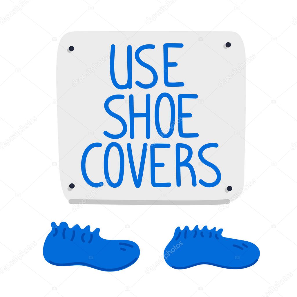 Shoe covers sign. Blue Shoe covers and wall sign on white background. Hospital equipment. Simple flat style vector illustration.