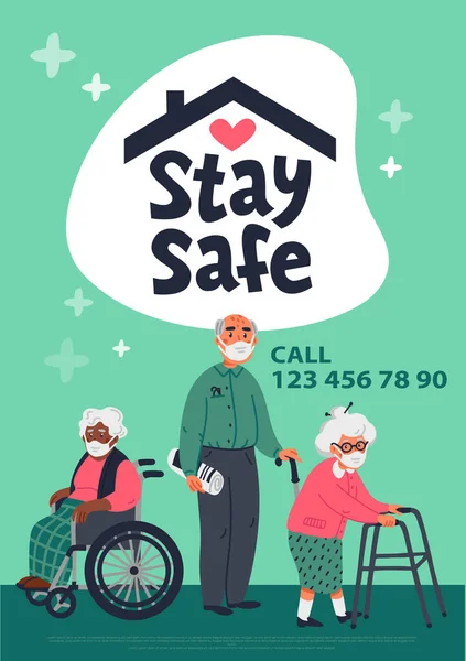 Protection des patients âgés, restez en sécurité. Affiche sociale avec Une femme âgée et un homme masqué. Illustration verticale simple vecteur plat . — Image vectorielle