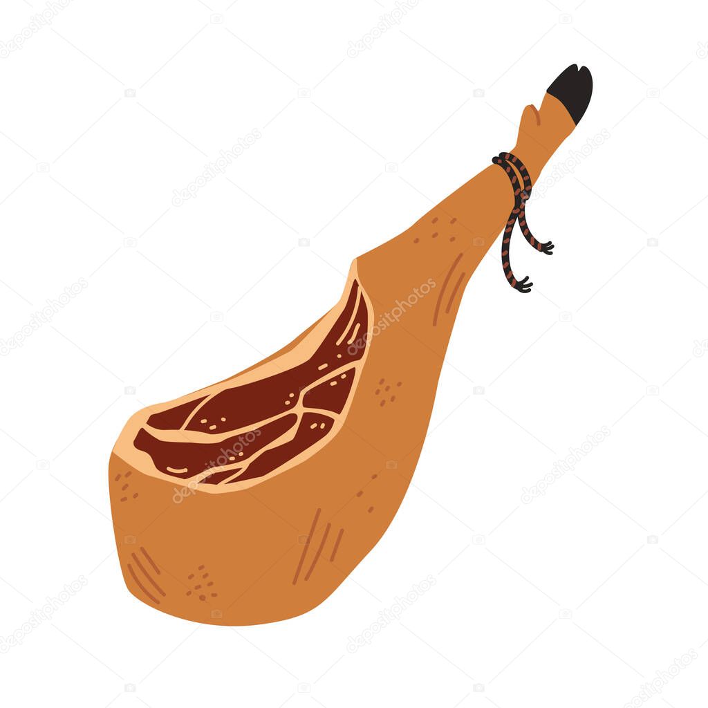 Jamon. Meat delicatessen on white background. Spanish dry cured pork leg with black hoof, jamon iberico bellota. Simple flat style vector illustration.