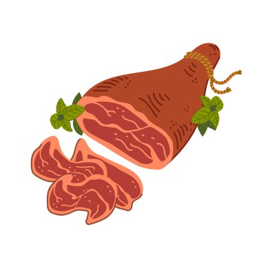 Prosciutto Crudo. Beyaz arka planda et şarküterisi. Kurutulmuş İtalyan parma jambonu dilimleri. Basit düz biçim vektör çizimi.