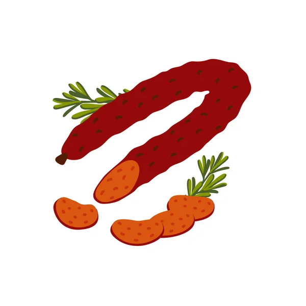 Chorizo kolbász. Hús csemege fehér háttérrel. Egy szelet spanyol fűszeres chorizo kolbászt. Egyszerű lapos vektor illusztráció. — Stock Vector