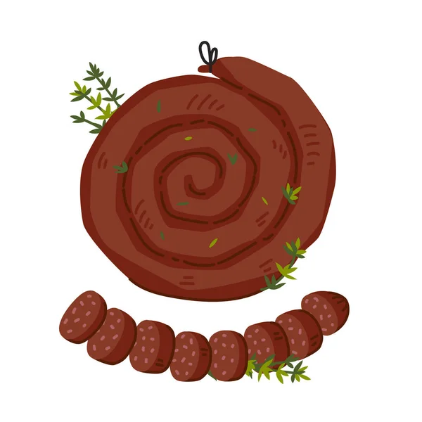 Spiralwurst. Fleischdelikatessen auf weißem Hintergrund. Scheiben traditioneller Schneckenwurst. Einfache Vektorillustration im flachen Stil. — Stockvektor