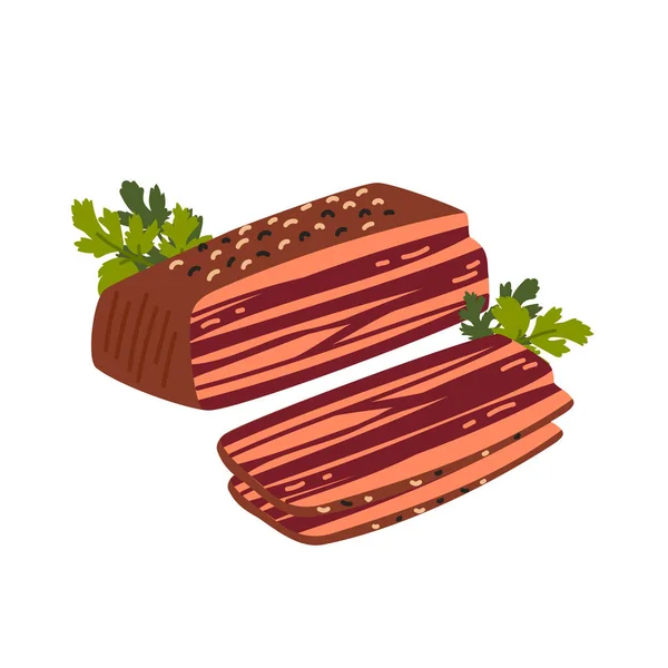 Pancetta. Hús csemege fehér háttérrel. Tipikus olasz szalonna szeletek. Egyszerű lapos vektor illusztráció. — Stock Vector