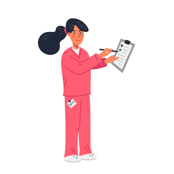 Sestro. Mladá sestra v růžových pláštích s lékařskou kartotékou. Lékařský tým v podmínkách pandemie koronaviru, boj proti covid-19. Vektorová ilustrace plochého stylu. — Stockový vektor
