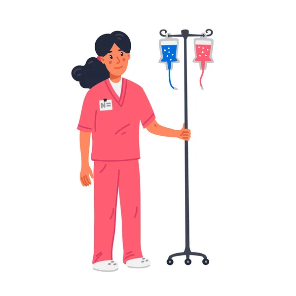 Νοσοκόμα. Νεαρή νοσοκόμα με ροζ ρόμπα που κρατάει ένα σταντ με σταγόνες. Ιατρική ομάδα σε συνθήκες πανδημίας του κορωνοϊού, παλέψτε ενάντια στο covid-19. Εικόνα διανύσματος επίπεδου στυλ. — Διανυσματικό Αρχείο