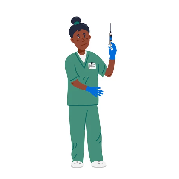 Nurse - African American nurse in green scrubs holding syringe. Medical team in conditions of coronavirus pandemic, fight against covid-19. Flat style vector illustration on white background. — Stock Vector