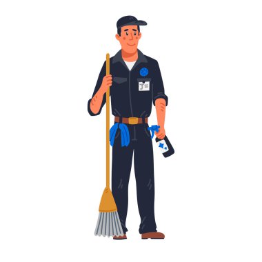 janitor - male janitor in black uniform holding mop. Cleaning service and hospital disinfection. Flat style vector illustration on white background. clipart