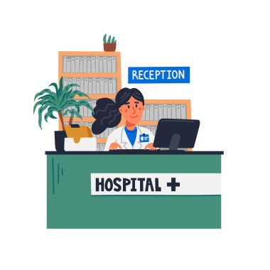 Hastane resepsiyonu. Klinikteki resepsiyonist. Kayıt ofisinde oturan kadın resepsiyonist. Sağlık ve tıp teması. Beyaz arkaplanda düz biçim vektör illüstrasyonu.