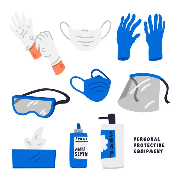 PPE - Kişisel Koruma Ekipmanı. Koronavirüs salgını durumunda tıbbi personelin güvenliğini ve sağlığını korumak için kullanılan ürün ve malzemeler. Beyaz arkaplanda düz biçim vektör illüstrasyonu.