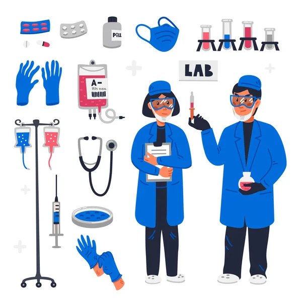 Scientists in lab. Healthcare researchers working in science laboratory. Female and male scientists and lab equipment for research and testing. Flat style vector illustration on white background. — Stock Vector