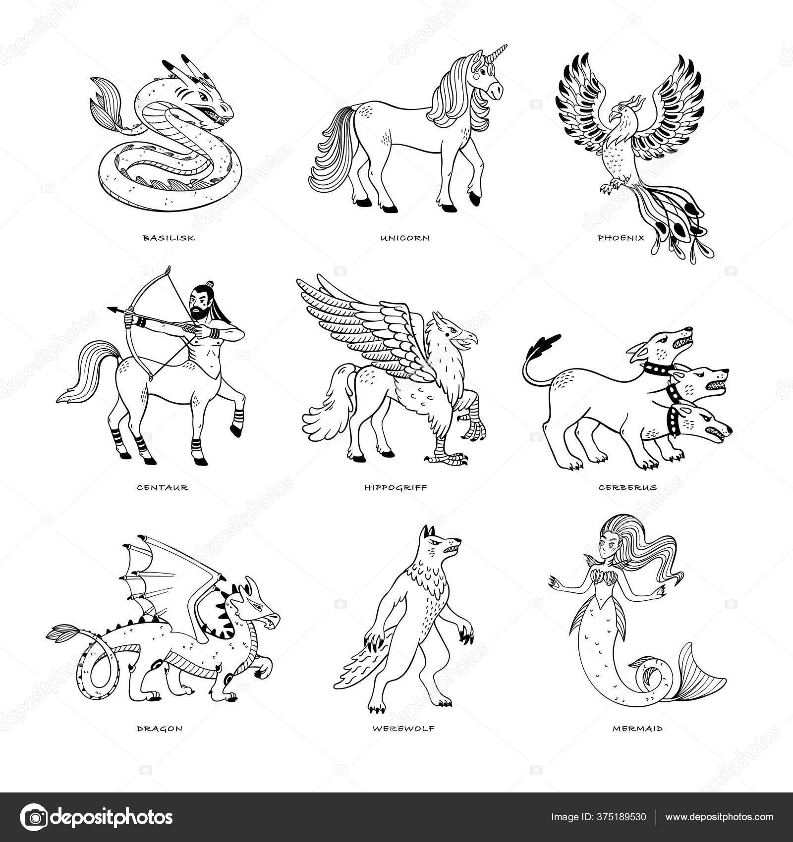 Mitologia animais detalhes tira estilo logotipo fundo branco