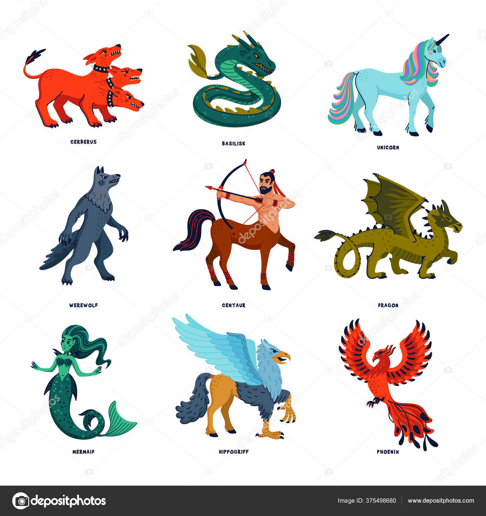 Criaturas mágicas. Animais mitológicos. Doodle estilo ilustração vetorial  preto e branco isolado no fundo branco. Desenho de tatuagem ou página para  colorir, Line Art . Vetor de stock de ©mspoint 375498680, image size:1600x1700