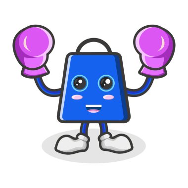 Maskot alışveriş çantası karakteri elini kaldırıyor ve boks eldiveni çizimi kullanıyor.