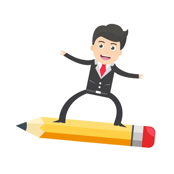 Male Business Man Use Pencils Skateboards Glide Cartoon Vector Illustration — Stock Vector