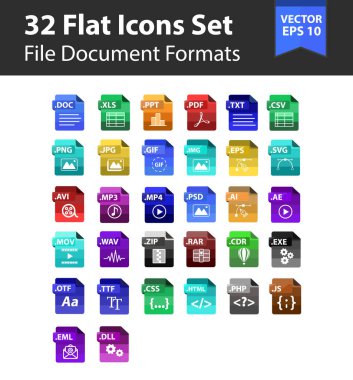 32 Format Files Document,Music,Video,Font,Design Extension Icon Flat Design Vector Illustration Paper clipart