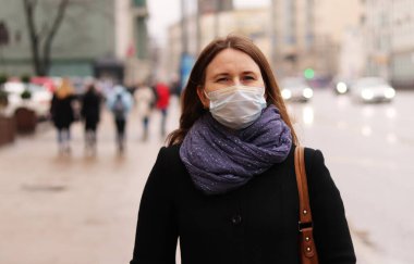 Koruyucu, tek kullanımlık tıbbi maskeli genç Avrupalı kadın. 2019-nCoV grip koronavirüsü konsepti Çin 'de mutasyona uğradı ve yayıldı.