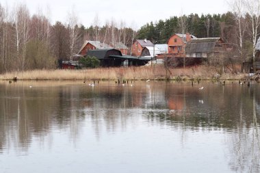 İlkbaharda köyde gölet
