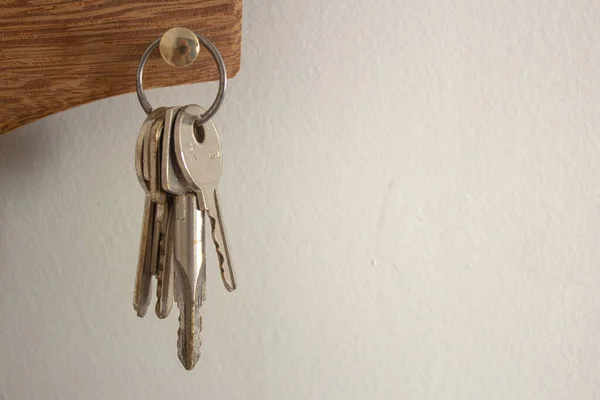 Bunch of keys hanging on a holder on a white wall