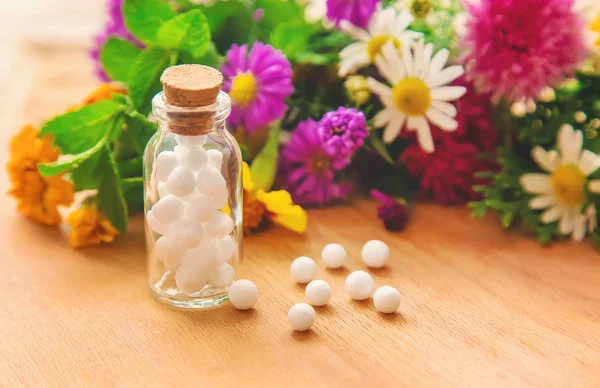 Küçük kavanozlarda Homeopati. Bitkisel özü. Seçici odak.