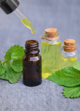 Küçük bir kavanozda ısırgan otu özü. Seçici odak.