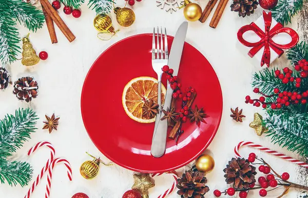 Christmas Table Setting Holiday Selective Focus — Stock Photo, Image