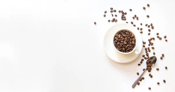 White Cup Coffee Beans White Background Selective Focus — Stock Photo, Image