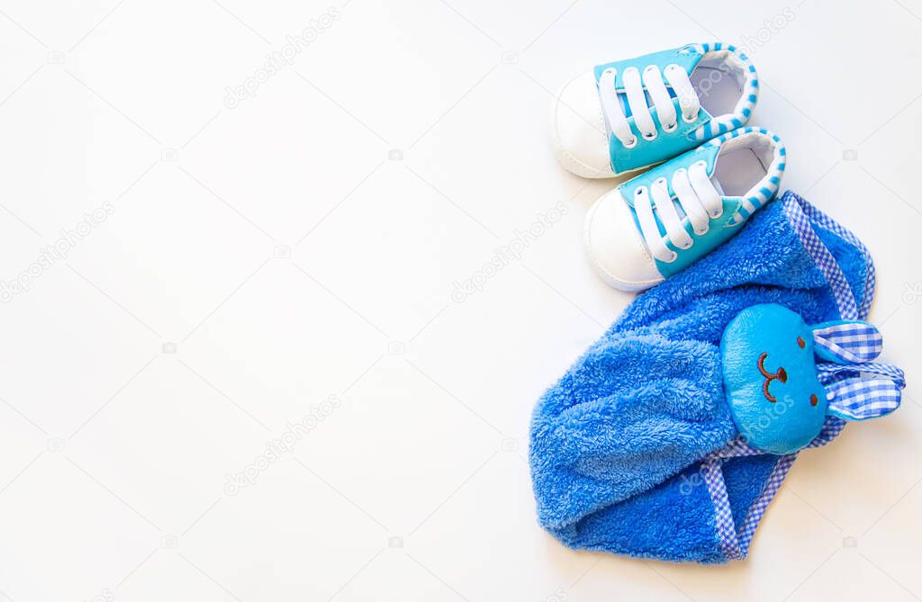 Baby accessories and clothes isolate on a white background. Selective focus.