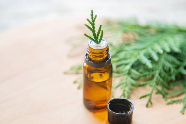 Küçük bir şişede ardıç yağı. Seçici odak.