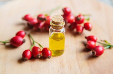 Rosehip tohumu yağı küçük bir şişede. Seçici odak.