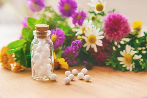 Homeopathy Small Jars Herbal Extract Selective Focus Nature — Stock Photo, Image