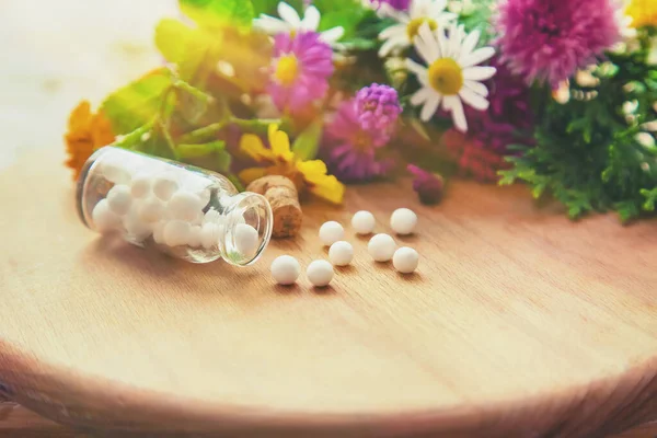 Homeopatía Frascos Pequeños Extracto Hierbas Enfoque Selectivo Naturaleza — Foto de Stock