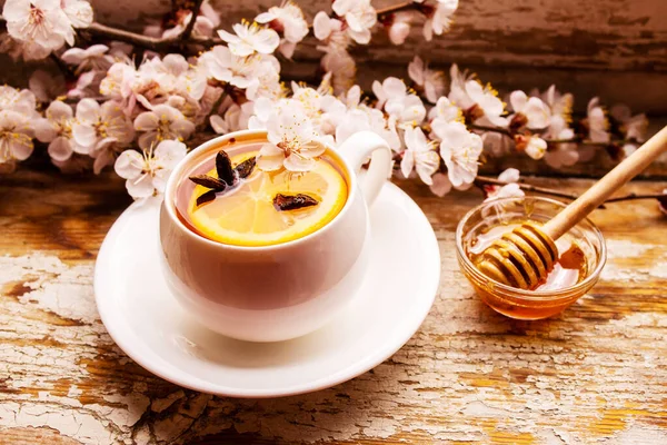 Cup Tea Lemon Mint Wooden Background Selective Focus Immunity Flu — Stock Photo, Image